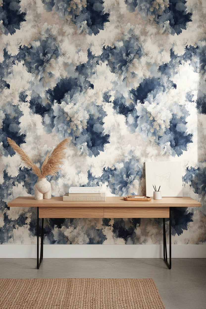 Cream and Blue Abstract Floral Wallpaper