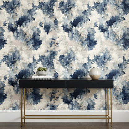 Cream and Blue Abstract Floral Wallpaper