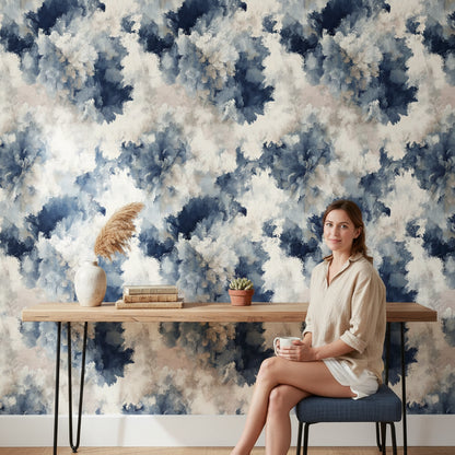Cream and Blue Abstract Floral Wallpaper