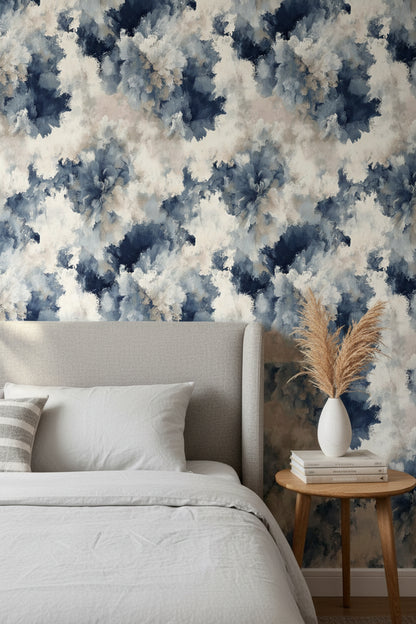 Cream and Blue Abstract Floral Wallpaper
