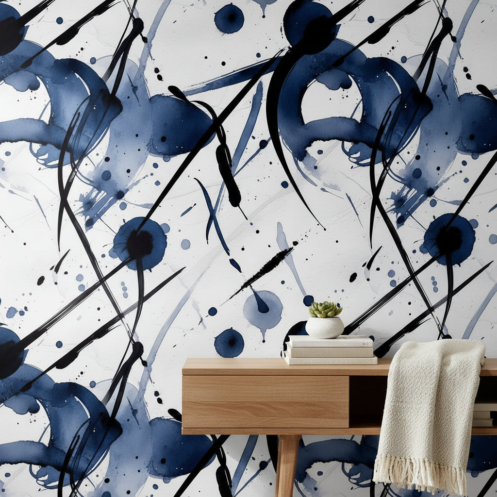 Modern Navy Blue Abstract Brushstroke Wallpaper