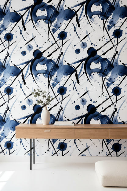 Modern Navy Blue Abstract Brushstroke Wallpaper