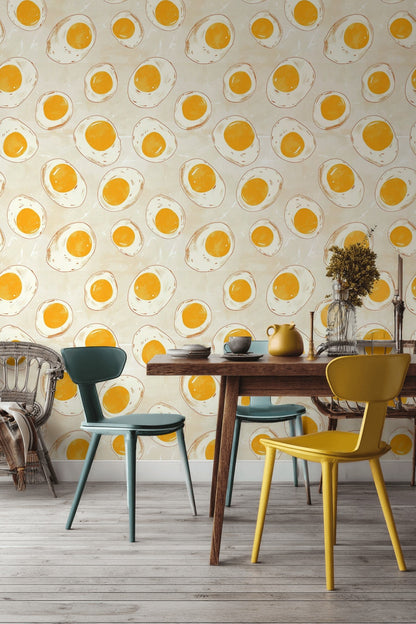 Beige and Yellow Fried Egg Pattern Wallpaper