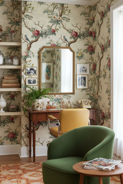 Beige Vintage Rose and Bird Botanical Wallpaper