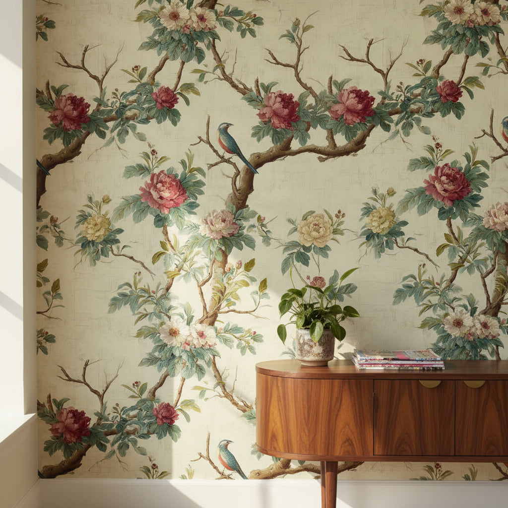 Beige Vintage Rose and Bird Botanical Wallpaper