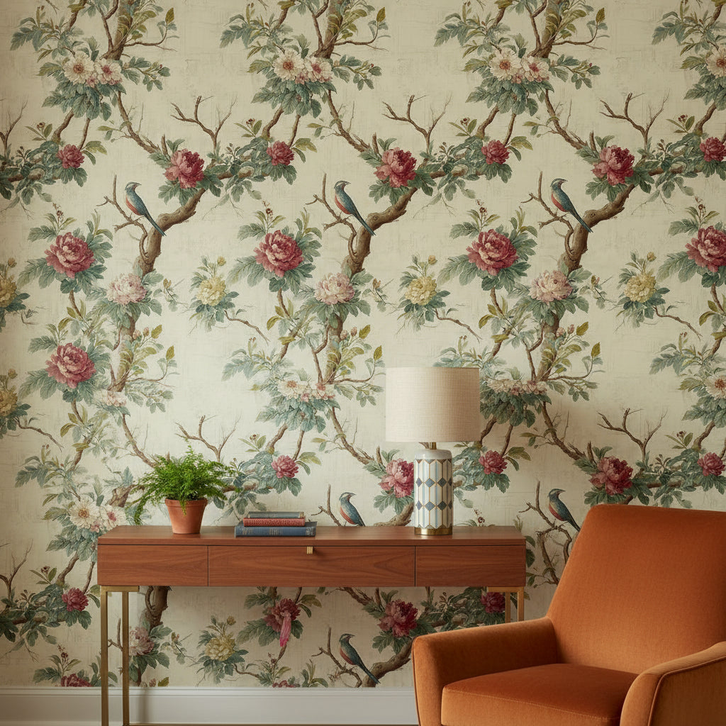 Beige Vintage Rose and Bird Botanical Wallpaper