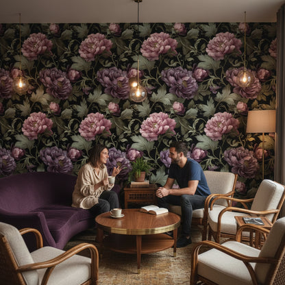 Dark Plum Peony Floral Wallpaper