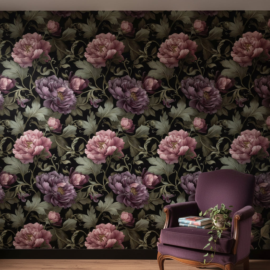 Dark Plum Peony Floral Wallpaper
