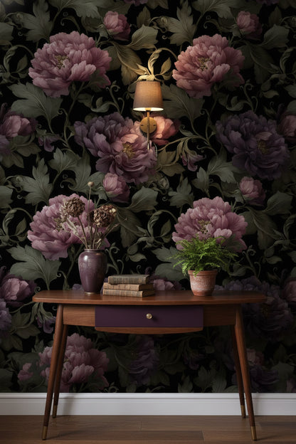 Dark Plum Peony Floral Wallpaper