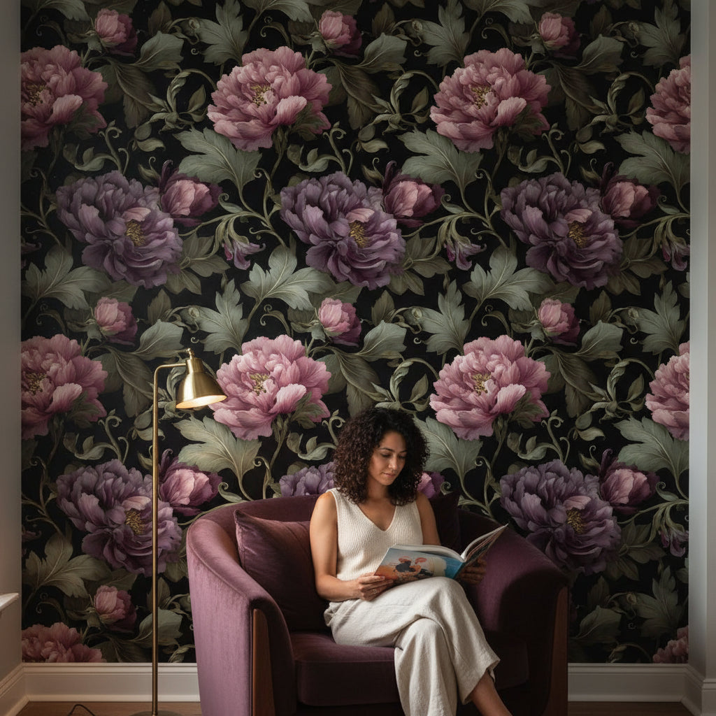 Dark Plum Peony Floral Wallpaper