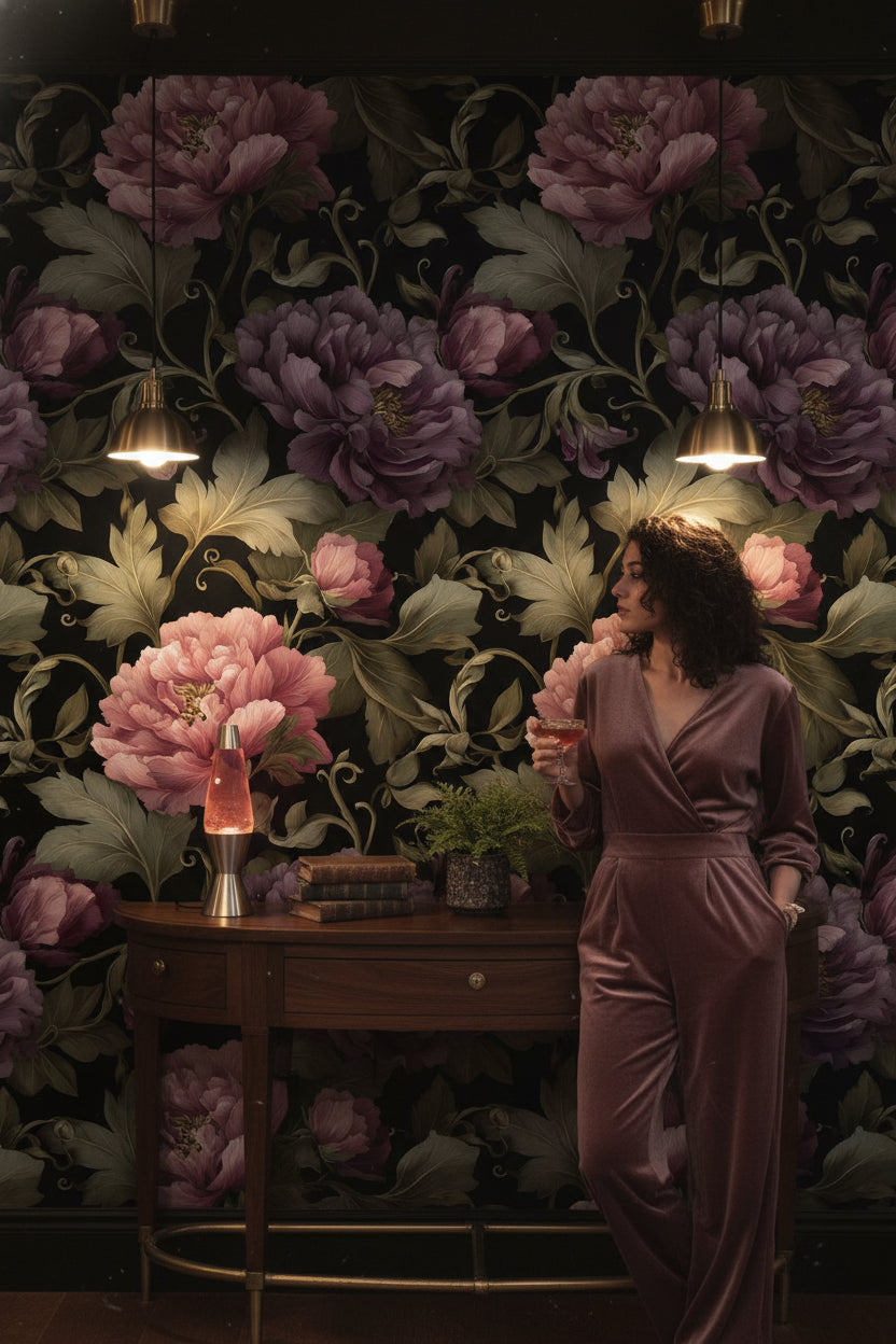 Dark Plum Peony Floral Wallpaper