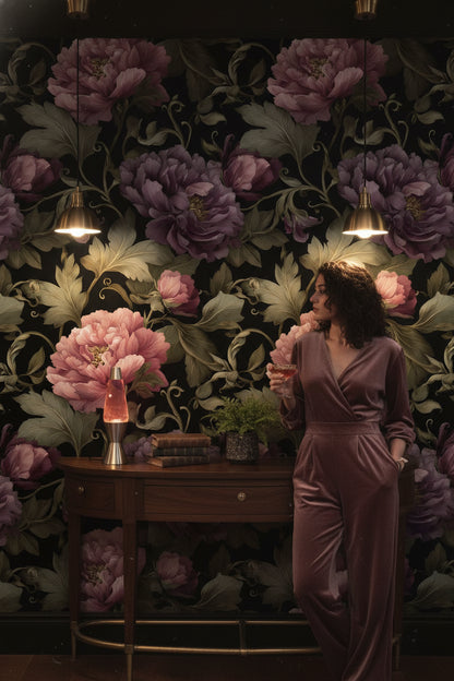 Dark Plum Peony Floral Wallpaper