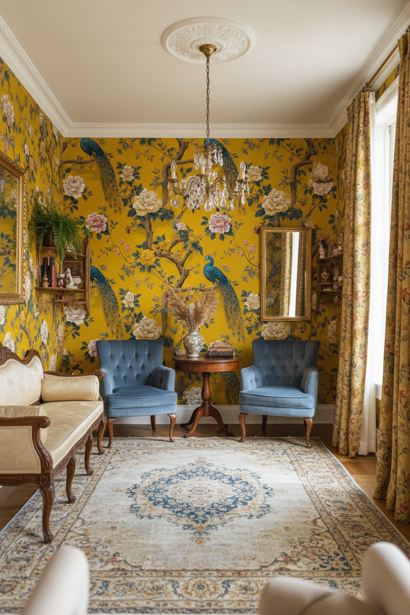 Vibrant Yellow Peony and Peacock Floral Wallpaper