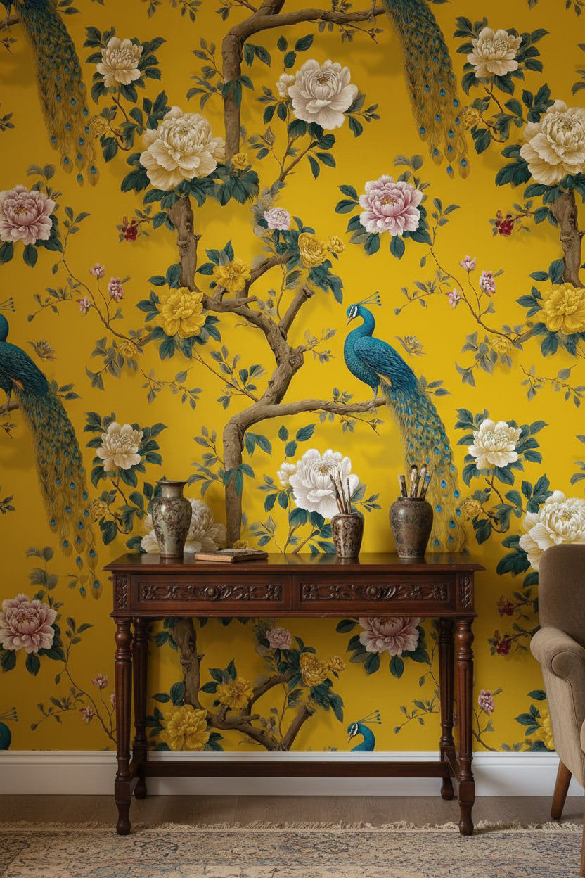 Peacock Wallpaper Floral Chinoiserie Wall Mural