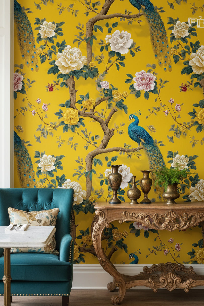 Peacock Wallpaper Floral Chinoiserie Wall Mural