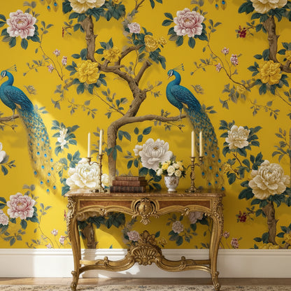 Vibrant Yellow Peony and Peacock Floral Wallpaper