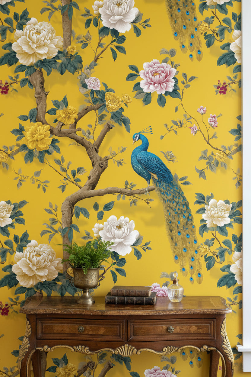Peacock Wallpaper Floral Chinoiserie Wall Mural