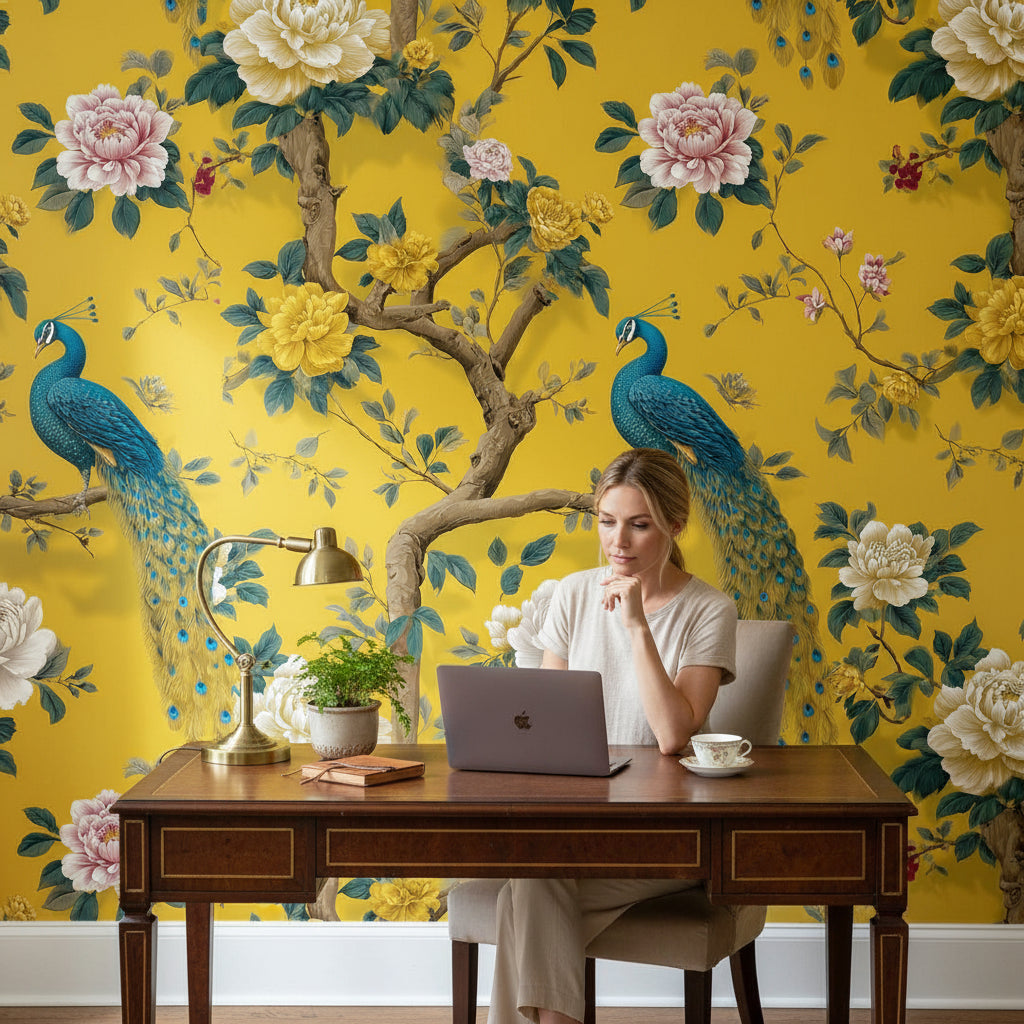 Vibrant Yellow Peony and Peacock Floral Wallpaper