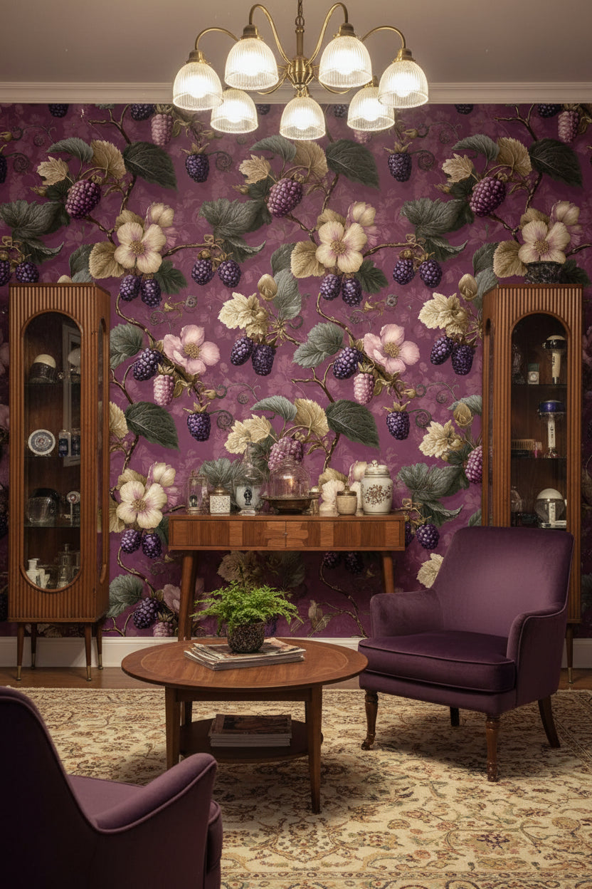 Deep Plum Vintage Floral and Foliage Wallpaper