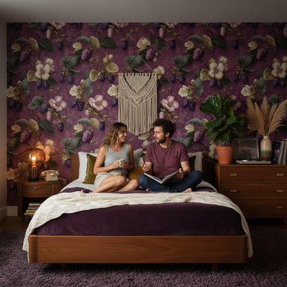 Deep Plum Vintage Floral and Foliage Wallpaper