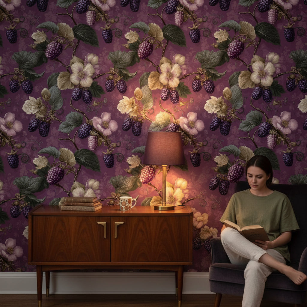 Deep Plum Vintage Floral and Foliage Wallpaper