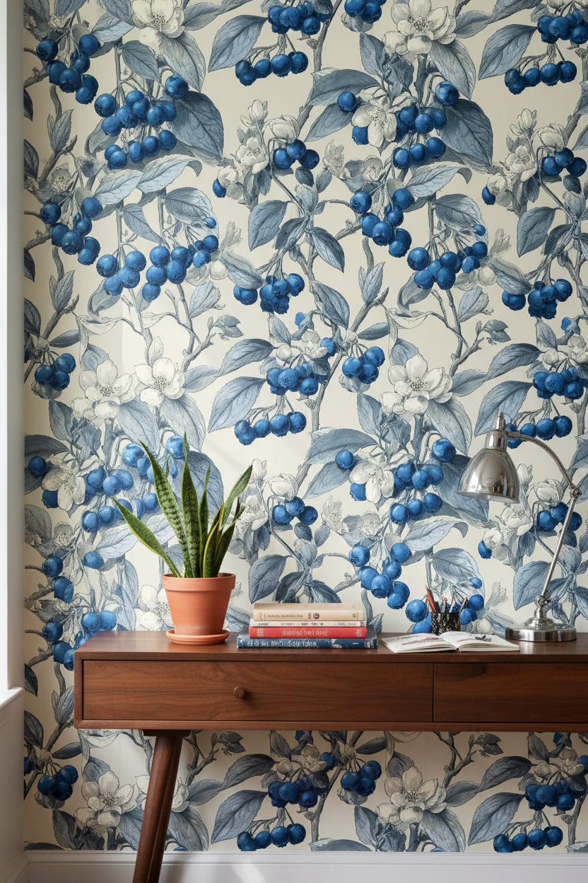 Blueberry Vine Cream Botanical Wallpaper