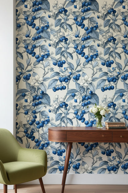 Blueberry Vine Cream Botanical Wallpaper