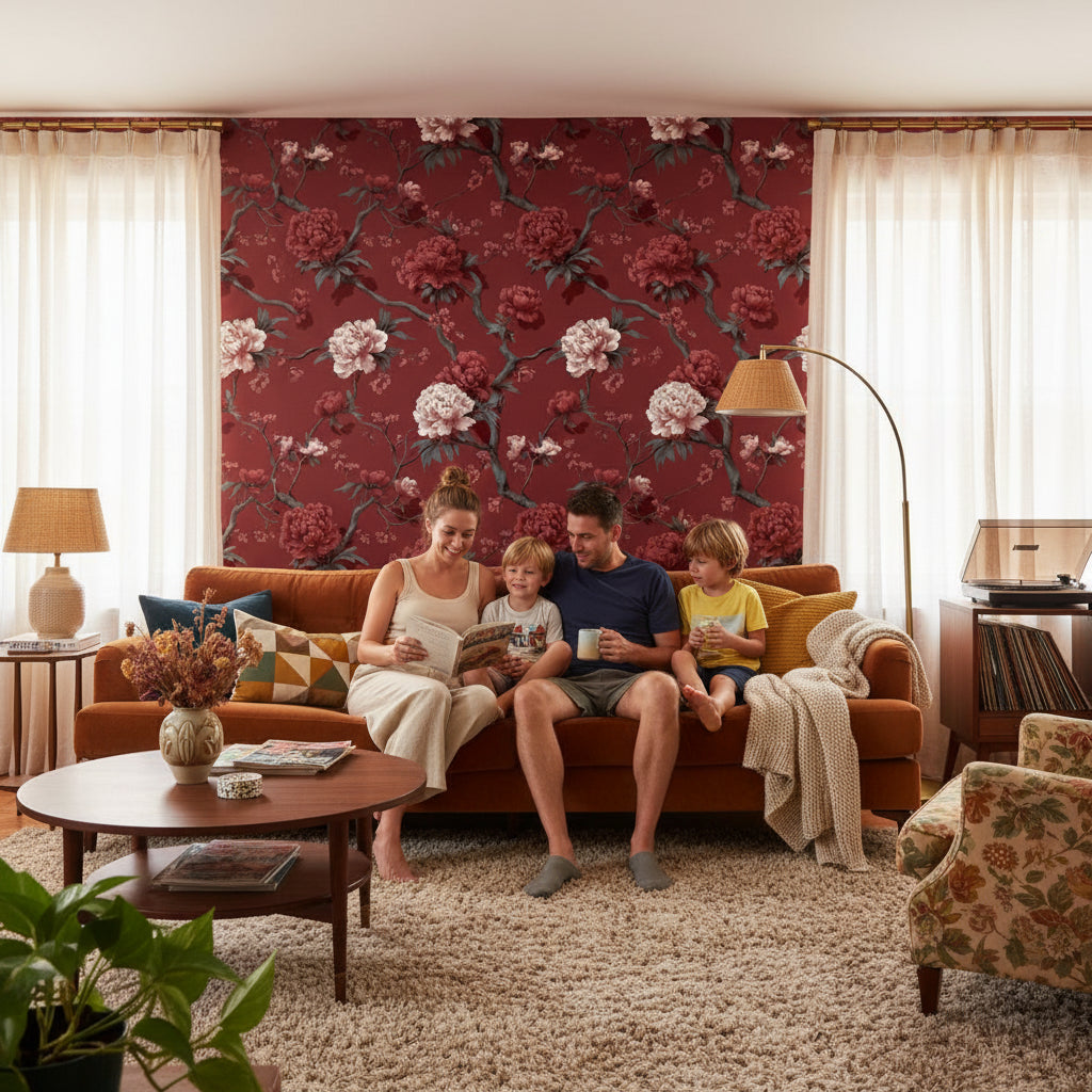 Floral Wallpaper Vintage Red Wall Mural