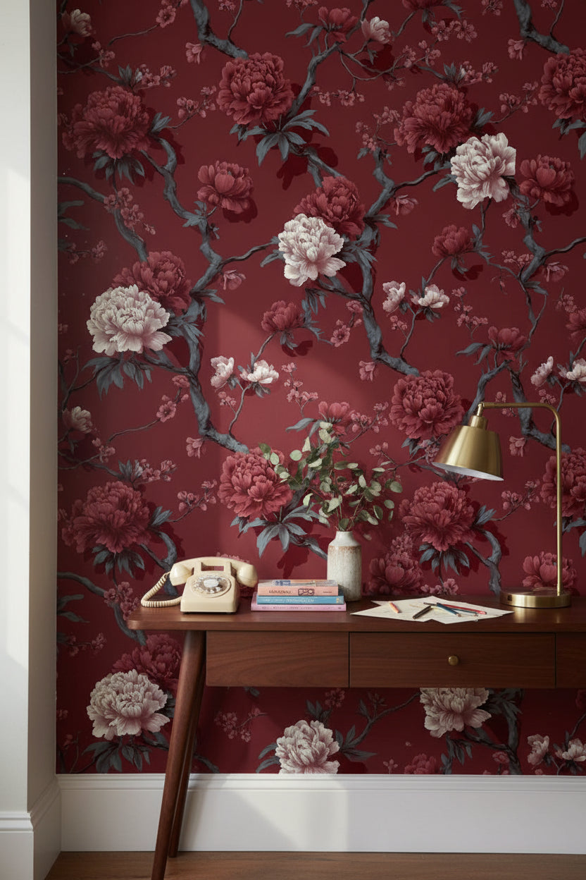 Floral Wallpaper Vintage Red Wall Mural