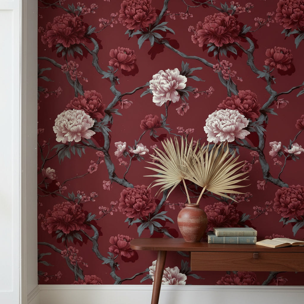 Floral Wallpaper Vintage Red Wall Mural