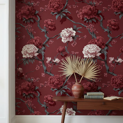 Deep Burgundy Peony Floral Wallpaper