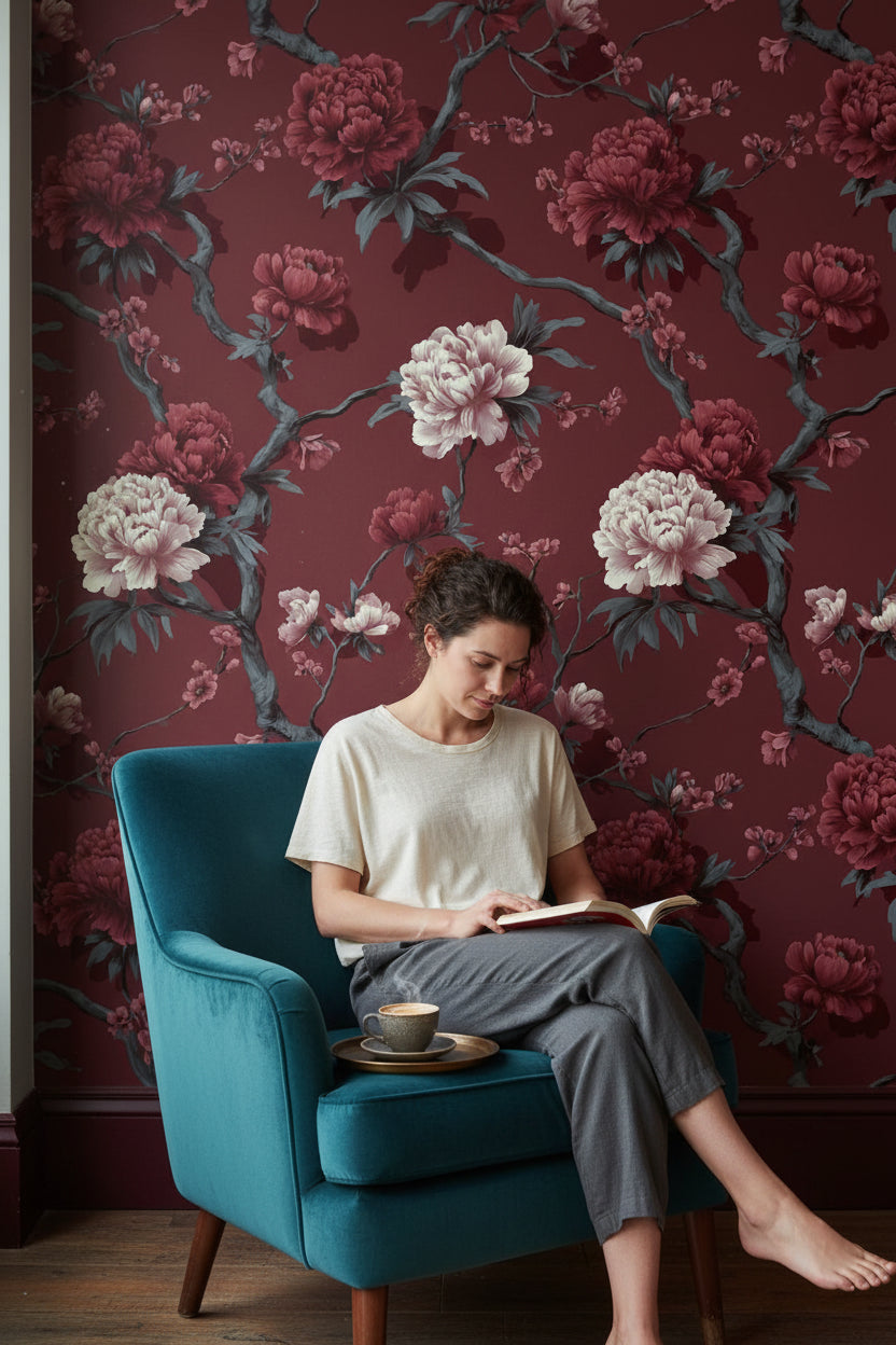 Floral Wallpaper Vintage Red Wall Mural