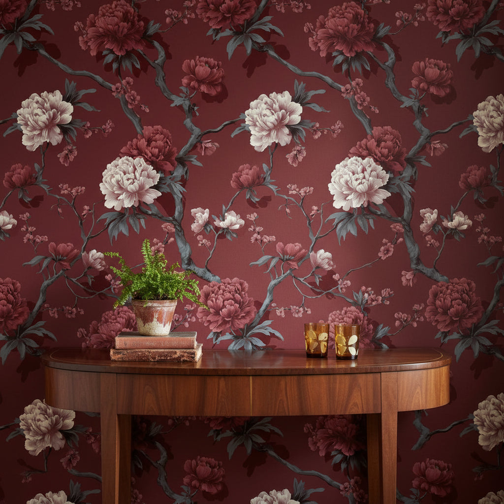 Deep Burgundy Peony Floral Wallpaper