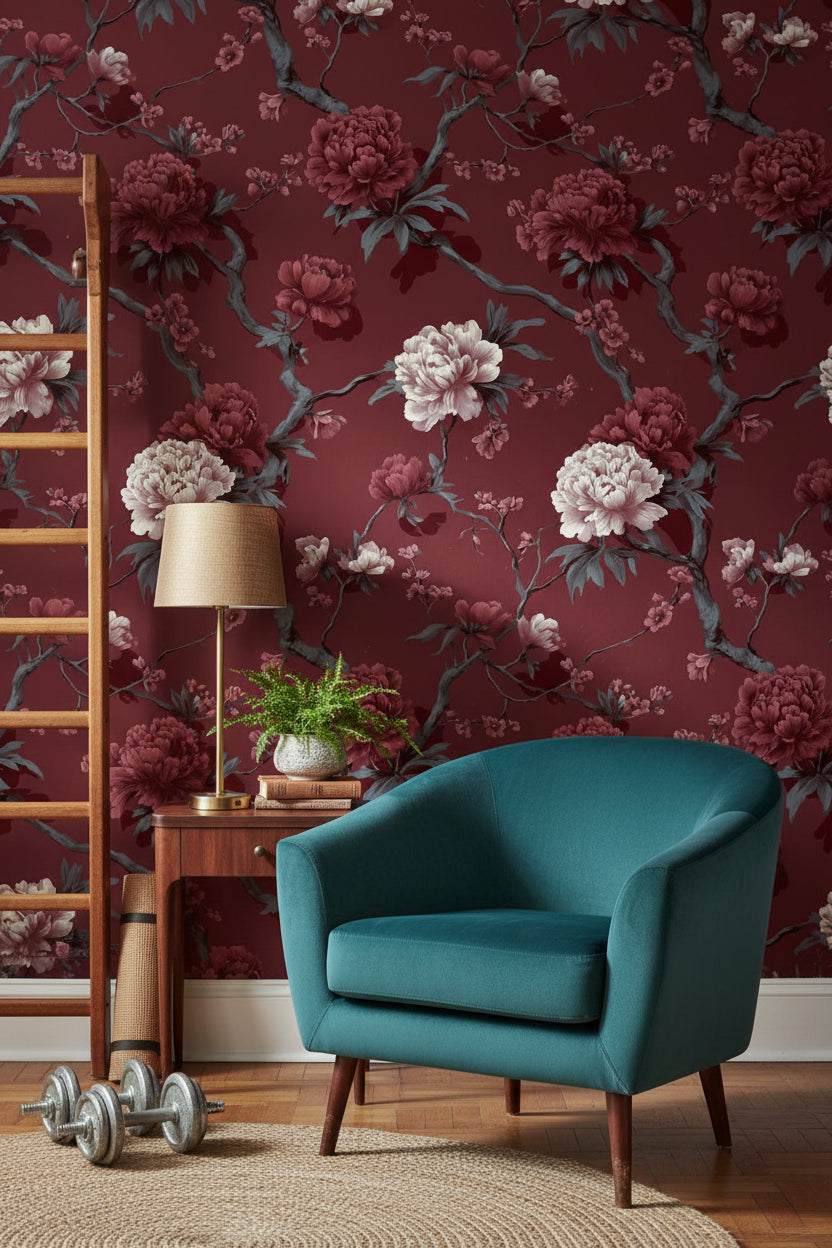 Deep Burgundy Peony Floral Wallpaper