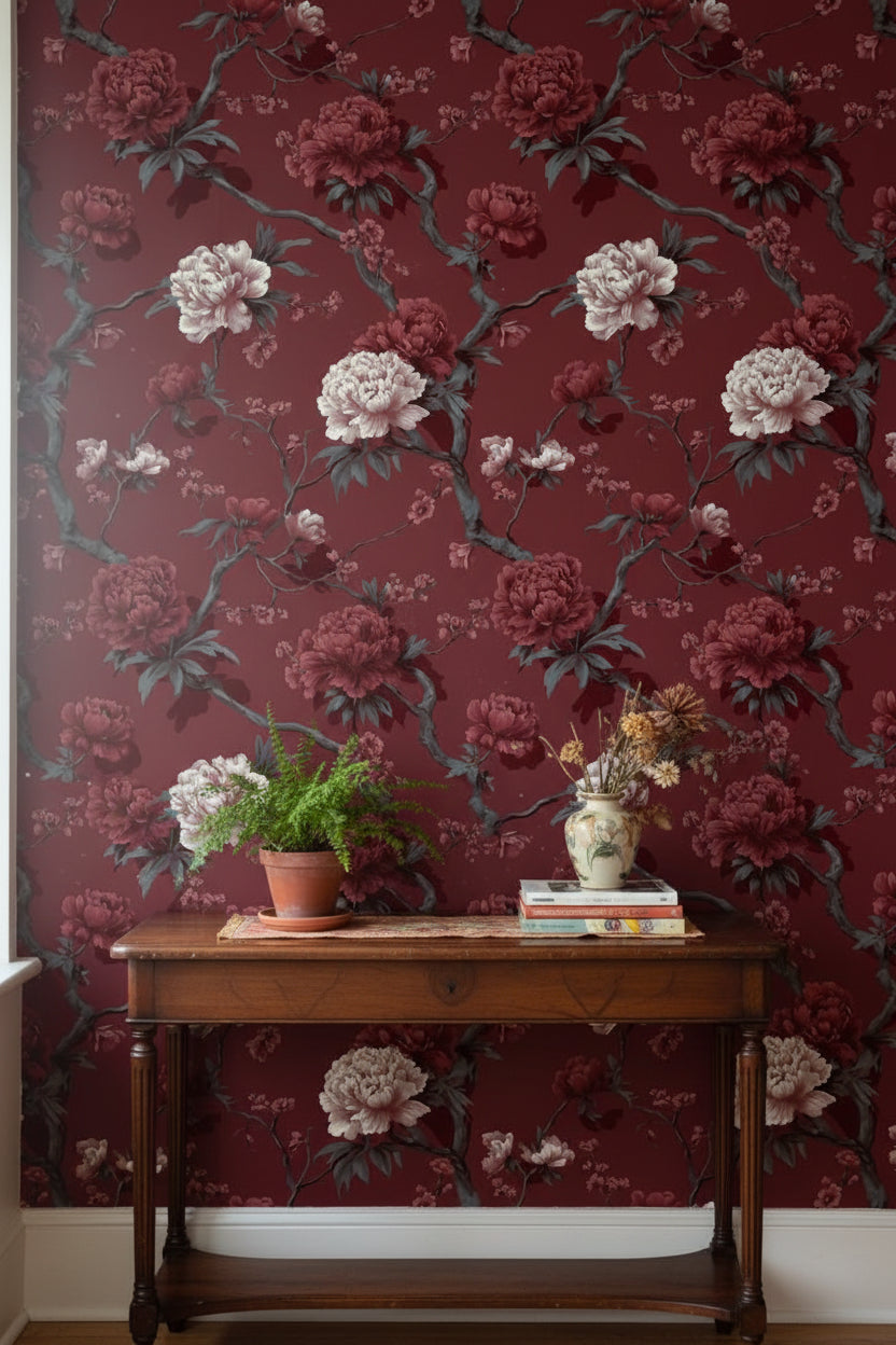 Floral Wallpaper Vintage Red Wall Mural
