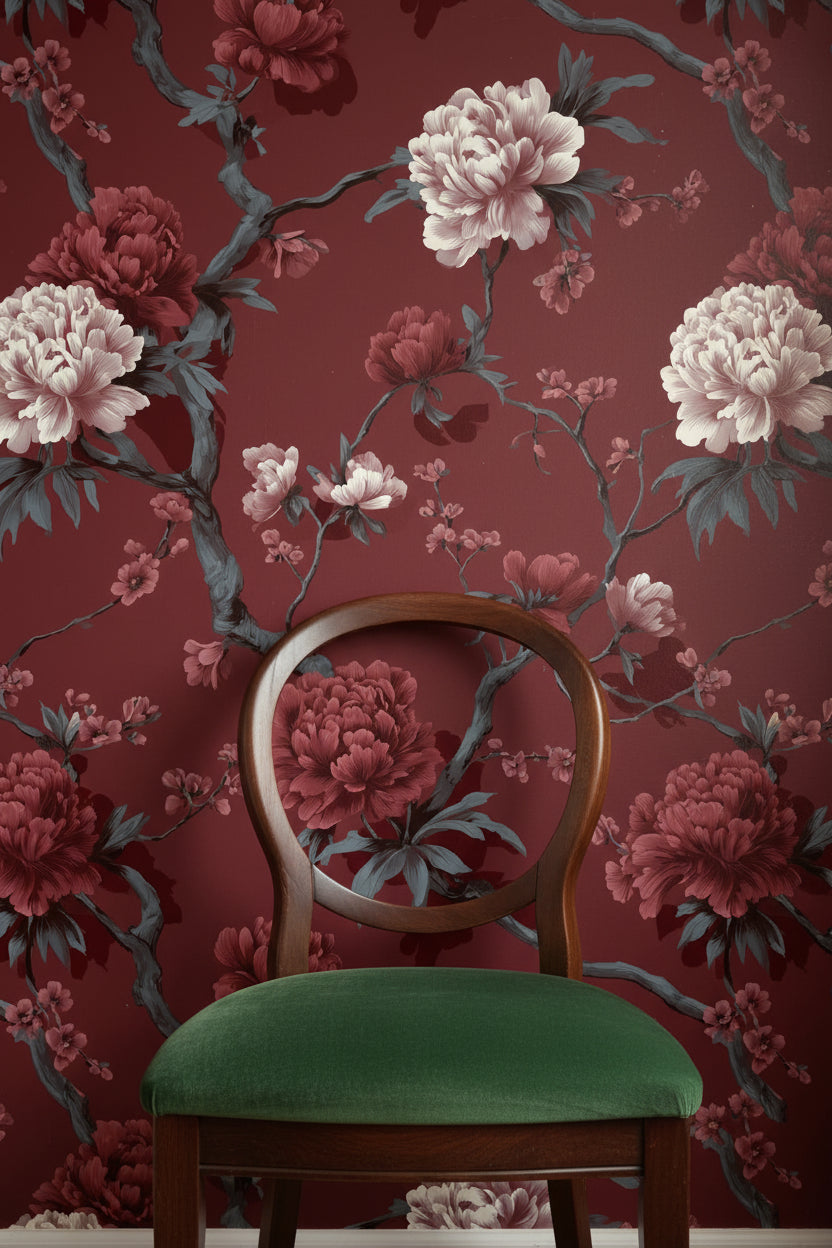 Floral Wallpaper Vintage Red Wall Mural