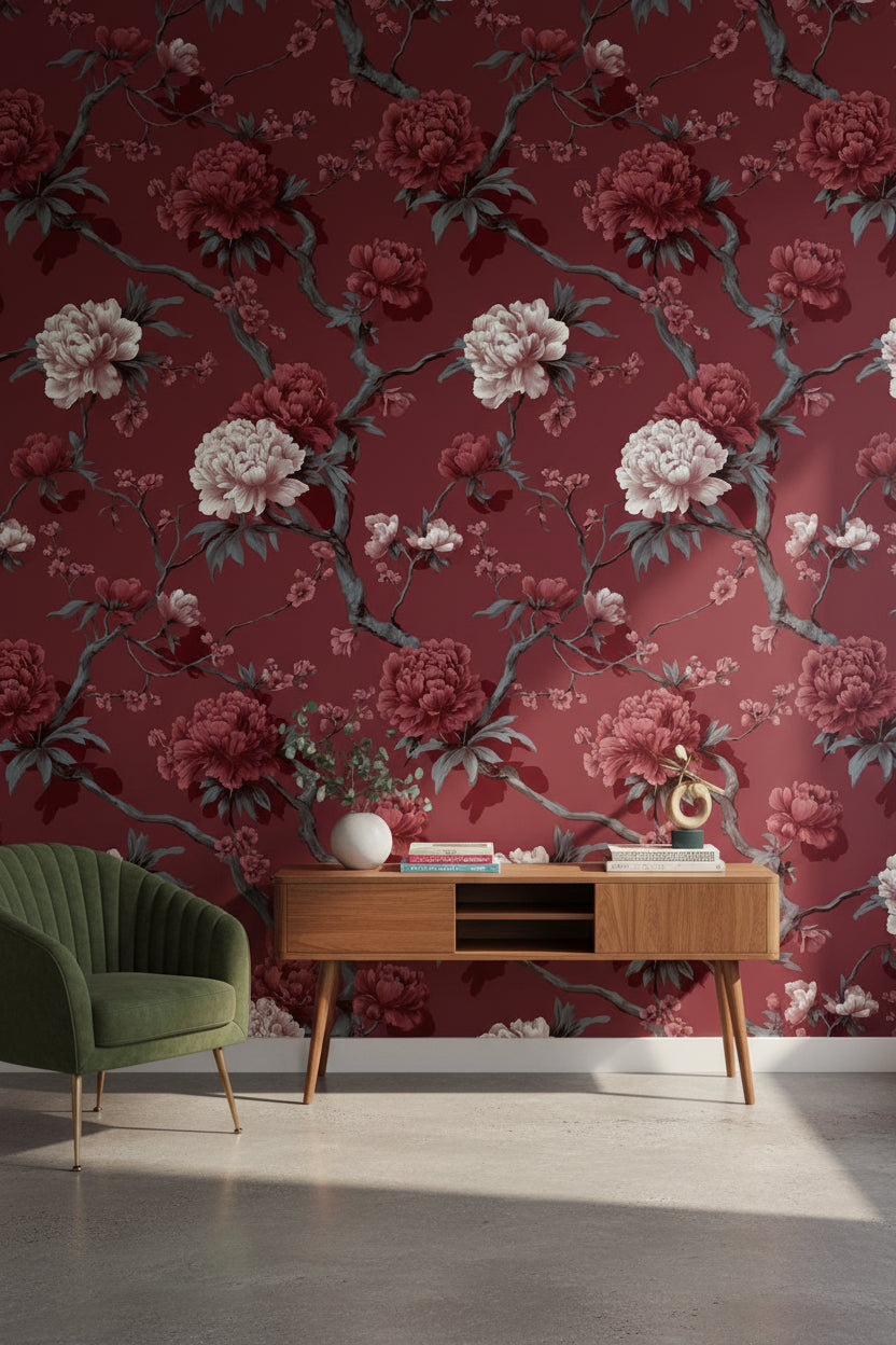 Deep Burgundy Peony Floral Wallpaper