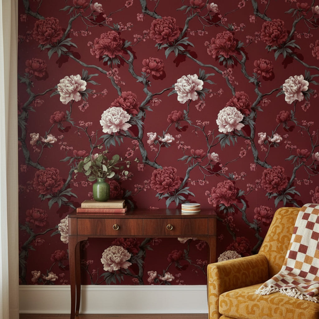 Floral Wallpaper Vintage Red Wall Mural