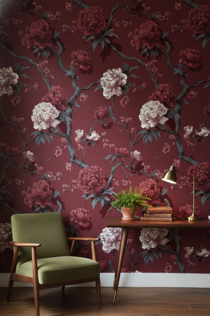 Deep Burgundy Peony Floral Wallpaper