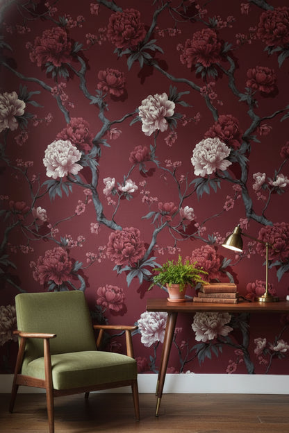 Deep Burgundy Peony Floral Wallpaper
