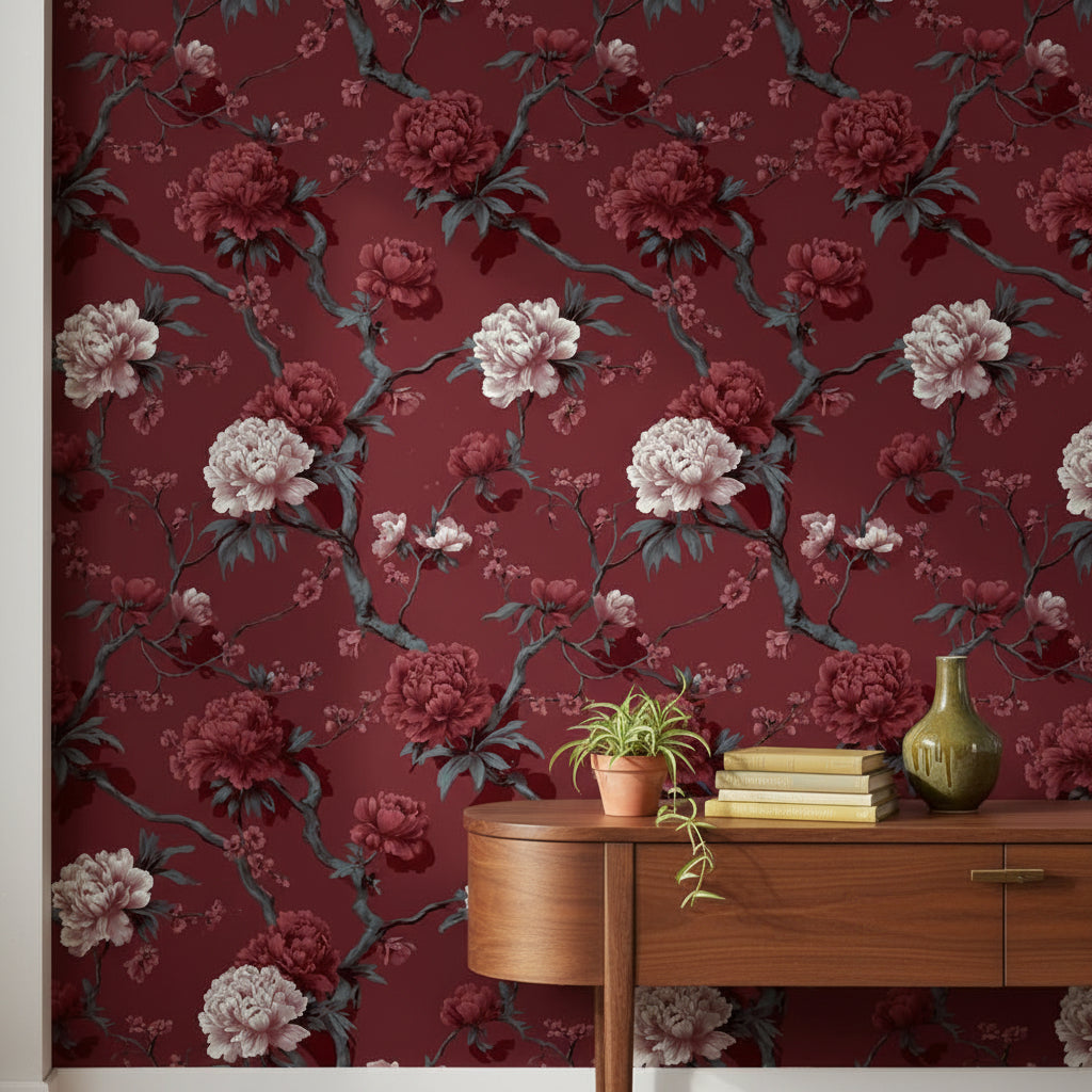 Floral Wallpaper Vintage Red Wall Mural