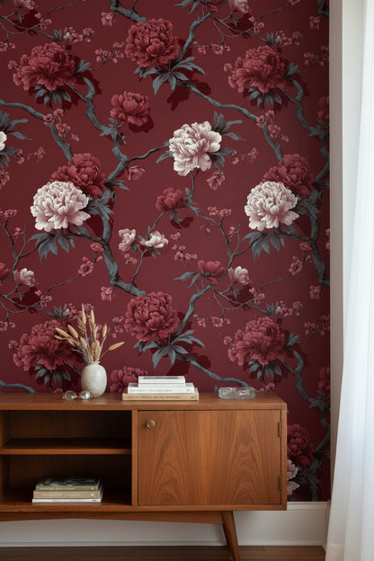 Deep Burgundy Peony Floral Wallpaper