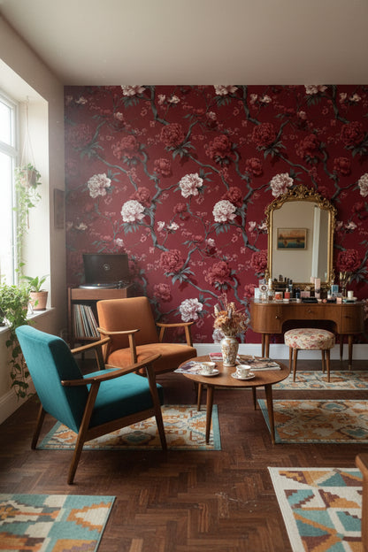 Deep Burgundy Peony Floral Wallpaper