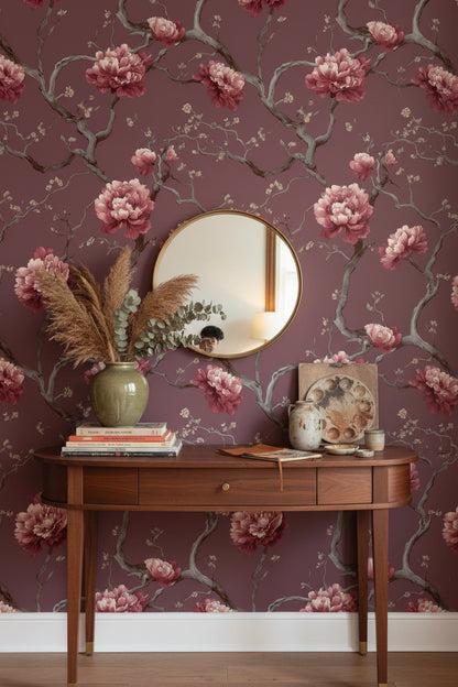 Burgundy Peony Blossom Floral Wallpaper