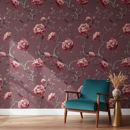 Burgundy Peony Blossom Floral Wallpaper
