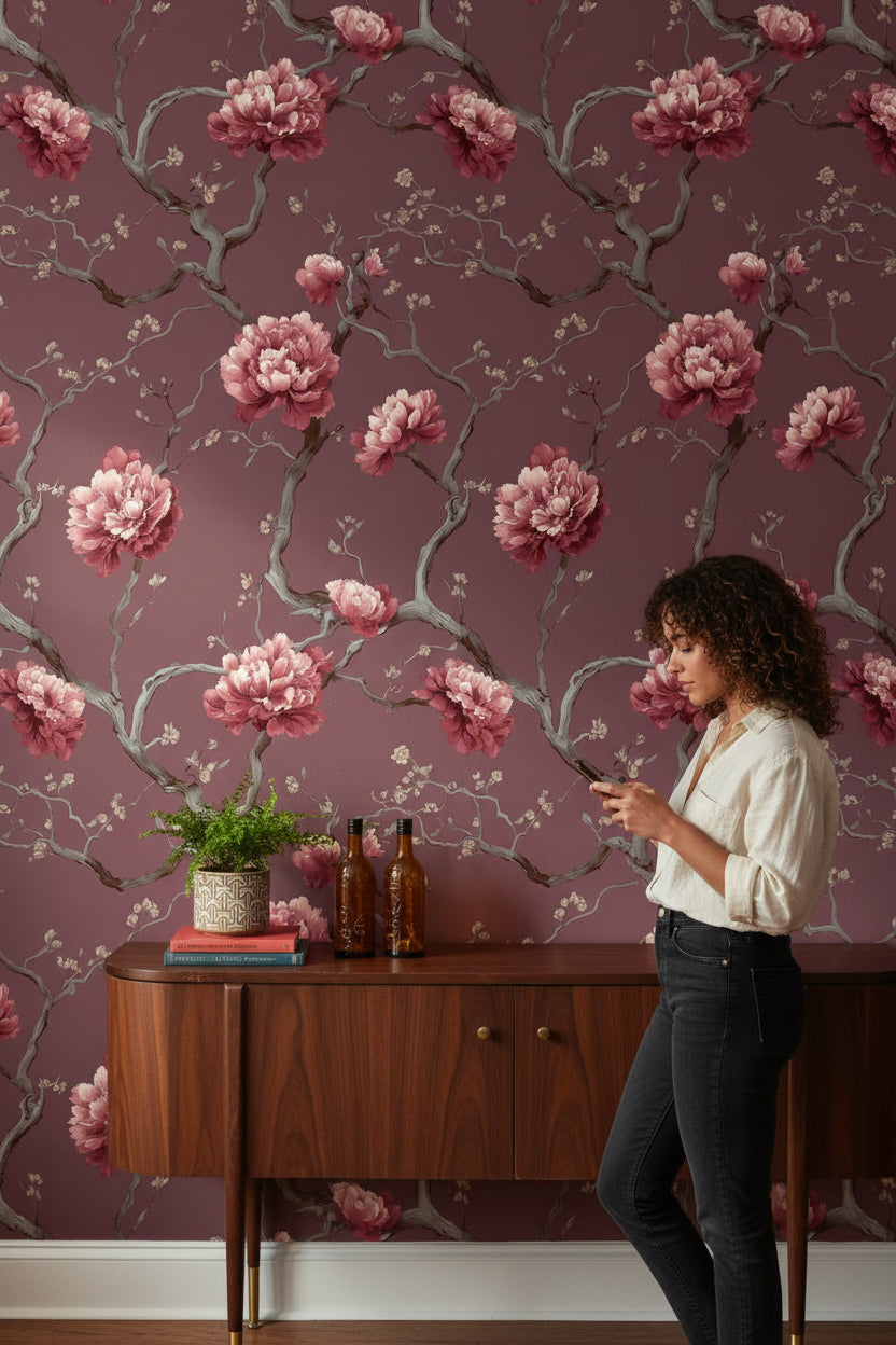 Burgundy Peony Blossom Floral Wallpaper