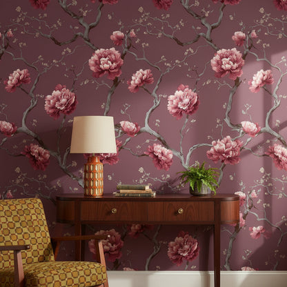 Burgundy Peony Blossom Floral Wallpaper