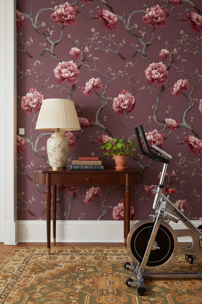 Burgundy Peony Blossom Floral Wallpaper