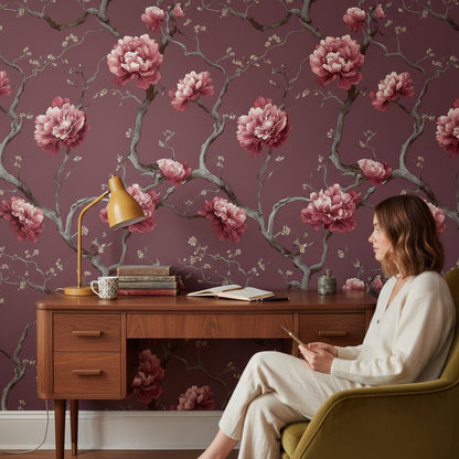 Burgundy Peony Blossom Floral Wallpaper