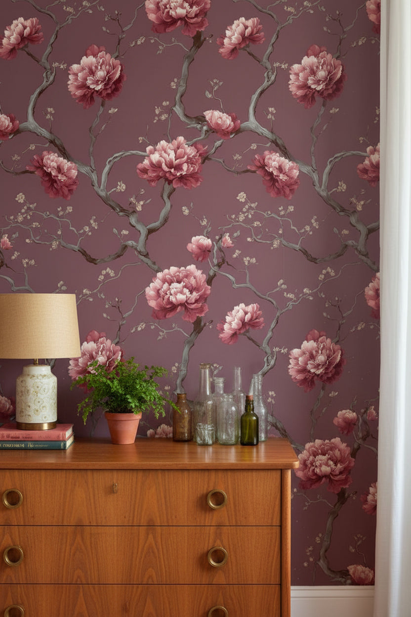 Burgundy Peony Blossom Floral Wallpaper